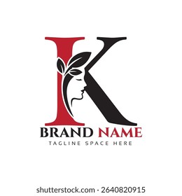 Elegant letter K logo design featuring a feminine face silhouette with leaf accents, perfect for beauty, salon, spa, cosmetics, wellness, skincare, fashion, and luxury brand identity concepts.