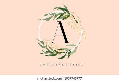 Elegant Letter A Logo Design With Waterbrush leafs and Golden Monoline Leafs in Pastel Colors. Letter A logo for Cosmetic Beauty Natural Products. 