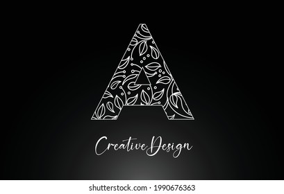 Elegant Letter A Logo made of Flowers with Leafs and Floral Pattern Texture in Monoline Creative Vector Illustration Design Logo