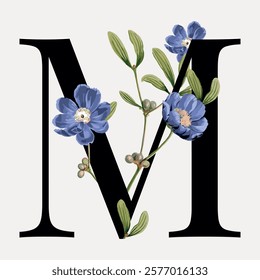 Elegant letter 'M' adorned with blue flowers and green leaves. Floral design with letter 'M' and flowers. Perfect for monograms and floral-themed decor. Vintage art, isolated vector element.