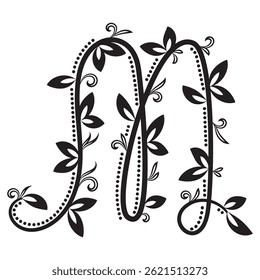 Elegant letter M formed by curved vines with leaves in vintage botanical style. Great for monograms, logos, and eco-themed decorations.