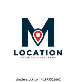 Elegant Letter M Geotag or Location Symbol Logo. Red Shape Point Location Icon. Usable for Business and Technology Logos. Flat Vector Logo Design Ideas Template Element.