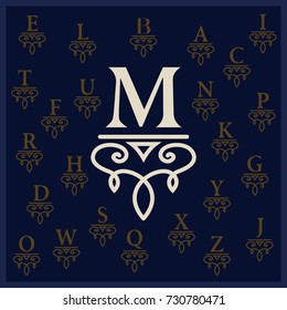 Elegant letter M. Graceful royal style. Calligraphic beautiful logo. Vintage drawn emblem for book design, brand name, business card, Restaurant, Boutique, Hotel. All alphabet. Vector illustration