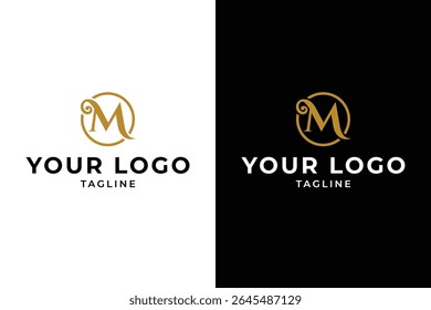 Elegant letter M logo design with circle on black and white backgrounds. The logo is perfect for brands, fashion, beauty, restaurants, real estate, and hotels. 
