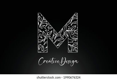 Elegant Letter M Logo made of Flowers with Leafs and Floral Pattern Texture in Monoline Creative Vector Illustration Design Logo