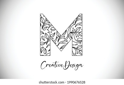 Elegant Letter M Logo made of Flowers with Leafs and Floral Pattern Texture in Monoline Creative Vector Illustration Design Logo
