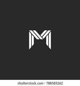 Elegant letter M logo monogram design. Luxury black and white interweaving lines linear creative MM wedding card emblem.
