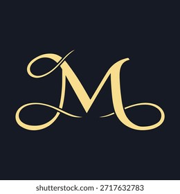 Logotipo elegante del monograma de la letra M con estilo caligráfico que fluye