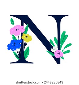 An elegant letter N decorated with flowers. The floral alphabet. Personalized poster. Print for the children's room. Vector illustration isolated on a white background.