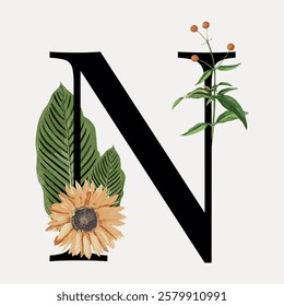 Elegant letter 'N' design with botanical elements. Features a sunflower and green leaves. Perfect for nature-themed decor or personalized gifts. Vintage floral font vector.