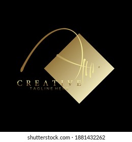 Elegant Letter A N Gold Handwriting Signature Logo Design Template with Rhombus Background