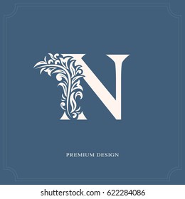 Elegant letter N. Graceful royal style. Calligraphic beautiful logo. Vintage drawn emblem for book design, brand name, business card, Restaurant, Boutique, Hotel. Vector illustration