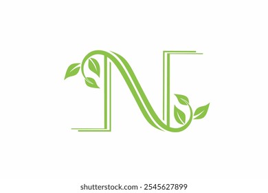 Elegant Letter N logo vector design with nature-inspired green design with decorative leaves. Perfect for eco-friendly branding, environmental themes, and artistic typography projects.