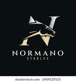 Elegant letter N monogram gold silver horse logo, letter N horse logo, horse head logo