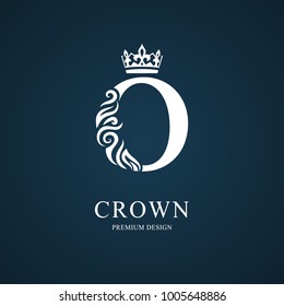 Elegant letter O with crown. Graceful royal style. Calligraphic beautiful logo. Vintage drawn emblem for book design, brand name, business card, Restaurant, Boutique, Hotel. Vector illustration