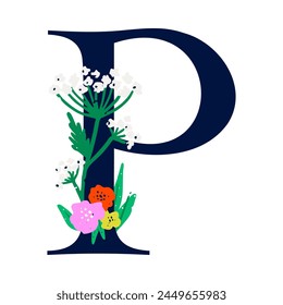 An elegant letter P decorated with flowers. The floral alphabet. Personalized poster. Print for the children's room. Vector illustration isolated on a white background.