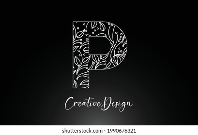 Elegant Letter P Logo made of Flowers with Leafs and Floral Pattern Texture in Monoline Creative Vector Illustration Design Logo