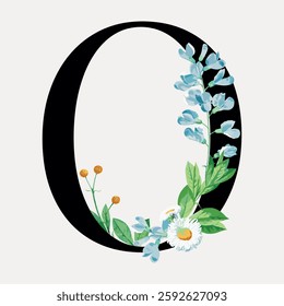 Elegant letter 'Q' adorned with floral elements. Flowers and leaves embellish the 'Q', creating a nature-inspired design. Perfect for decorative purposes. Vintage font illustration, isolated vector.