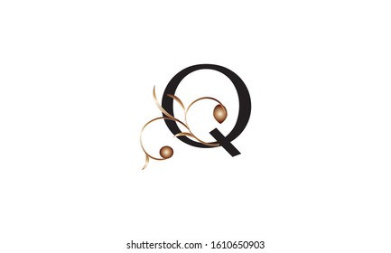 Elegant letter Q in black with a botanical metallic element. Vector logo design. Alphabet label sign for brand and identity.