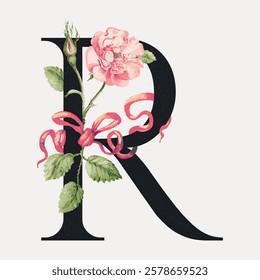 Elegant letter R with floral design. The letter R features a pink rose, green leaves, and a ribbon. Stylish floral letter R, perfect for decorative use. Vintage floral font vector.