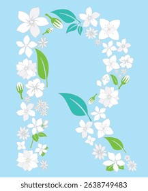 Elegant letter R floral vector design with jasmine flowers and green leaves on soft background. Perfect for monogram projects, wedding invitations, alphabet learning materials, and decorative prints