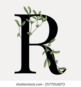 Elegant letter R with green leaves. Botanical design with letter R. Stylish letter R with nature-inspired leaves. Decorative letter R for design. Vintage illustration isolated on white, vector.