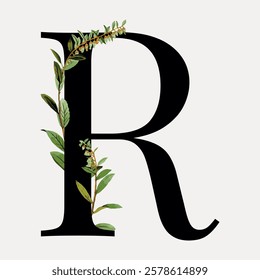 Elegant letter R with green leaves. Floral design with letter R. Stylish R with botanical elements. Perfect for nature-themed R designs. Vintage floral font vector.