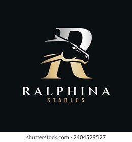 Elegant letter R monogram gold silver horse logo, letter R horse logo, horse head logo