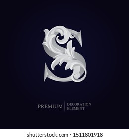 Elegant letter S with floral baroque ornament. Antique capital letter is surrounded with white decorations isolated on black background. Uppercase capital letter for monograms, logos, emblems, initial