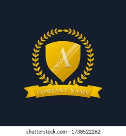 elegant letter A in shield with wreath and ribbon illustration