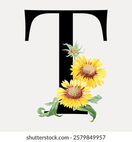 Elegant letter 'T' adorned with vibrant sunflowers. Sunflowers and letter 'T' create a charming design. Perfect for floral and letter 'T' themed decor. Vintage floral font vector.