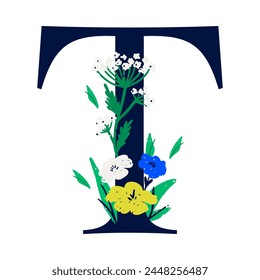 An elegant letter T decorated with flowers. The floral alphabet. Personalized poster. Print for the children's room. Vector illustration isolated on a white background.