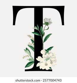 Elegant letter T design with floral elements. The letter T is adorned with delicate flowers and leaves, creating a sophisticated floral T aesthetic. Vintage art drawing, isolated vector element.