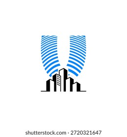 Elegante letra U logo com um horizonte minimalista da cidade. Ícone vetor premium para hotel de luxo, propriedade da cobertura e identidade empresarial metropolitana