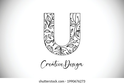 Logotipo elegante de letra U hecho de flores con hojas y textura de patrón floral en el logotipo de diseño de la ilustración de vectores creativos de Monoline