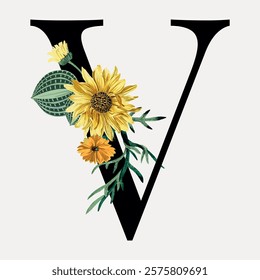 Elegant letter V adorned with vibrant sunflowers and green leaves. Floral V design with sunflowers, perfect for nature-themed decor. Sunflowers and V. Vintage illustration isolated on white, vector.