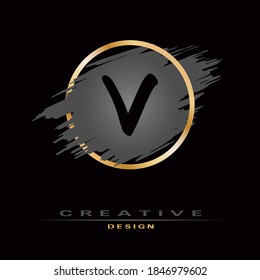 Elegant Letter V Logo with Brush Stroke and Gold Circle. Initial Letter Logo Design. Creative template suitable for business company, logotype, emblem, monogram, icon, jewelry, cosmetic and brand name