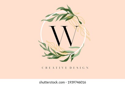 Elegant Letter W Logo Design With Waterbrush leafs and Golden Monoline Leafs in Pastel Colors. Letter W logo for Cosmetic Beauty Natural Products. 