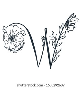 Elegant  letter W. Vector hand drawn letter with  in full bloom flower. Floral letter for your designs: logo, label, stamp, print, monograms, emblems.