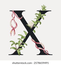 Elegant letter X adorned with floral elements. Botanical design with green leaves and pink ribbons. Decorative letter X with nature-inspired details. Vintage floral font vector.