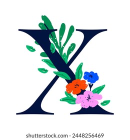 An elegant letter X decorated with flowers. The floral alphabet. Personalized poster. Print for the children's room. Vector illustration isolated on a white background.