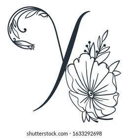 Elegant  letter X. Vector hand drawn letter with in full bloom flower. Floral letter for your designs: logo, label, stamp, print, monograms, emblems.