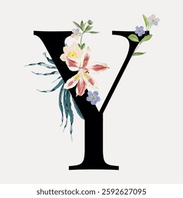 Elegant letter 'Y' adorned with colorful flowers and leaves. Floral design enhances the letter 'Y'. Perfect for decorative, artistic, and creative projects. Vintage font illustration, isolated vector.