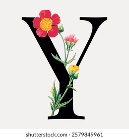 Elegant letter 'Y' adorned with vibrant flowers. Floral 'Y' design with colorful blooms. Artistic 'Y' with flowers, perfect for decorative purposes. Vintage floral font vector.