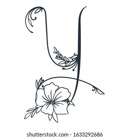 Elegant  letter Y. Vector hand drawn letter with in full bloom flower. Floral letter for your designs: logo, label, stamp, print, monograms, emblems.