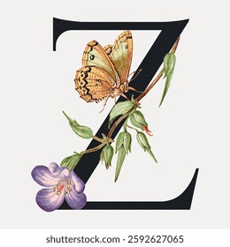 Elegant letter Z adorned with a butterfly and flowers. The butterfly perches on the Z, surrounded by delicate flowers. Nature-themed Z design with floral accents. Vintage animal illustration vector.