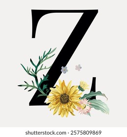 Elegant letter 'Z' adorned with floral elements. Sunflower, leaves, and small blossoms decorate the letter. Stylish floral design with a bold 'Z'. Vintage illustration isolated on white, vector.