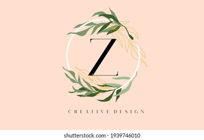 Elegant Letter Z Logo Design With Waterbrush leafs and Golden Monoline Leafs in Pastel Colors. Letter Z logo for Cosmetic Beauty Natural Products. 