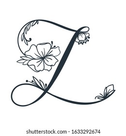 Elegant  letter Z. Vector hand drawn letter with in full bloom flower. Floral letter for your designs: logo, label, stamp, print, monograms, emblems.