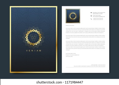 Elegant letterhead template design in minimalist style with Logo. Golden luxury business design for cover, banner, invitation, letterhead, branding card, brochure. Arabic vector logo design template.